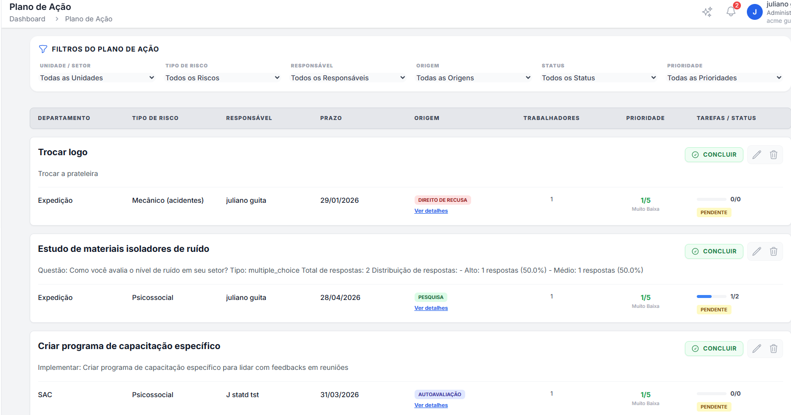 Plano de Ação centralizado